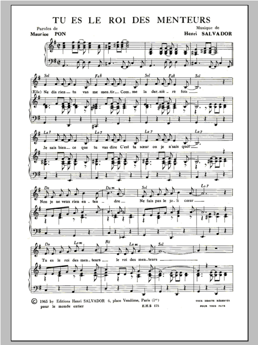 Henri Salvador Tu Es Le Roi Des Menteurs sheet music notes and chords arranged for Piano & Vocal