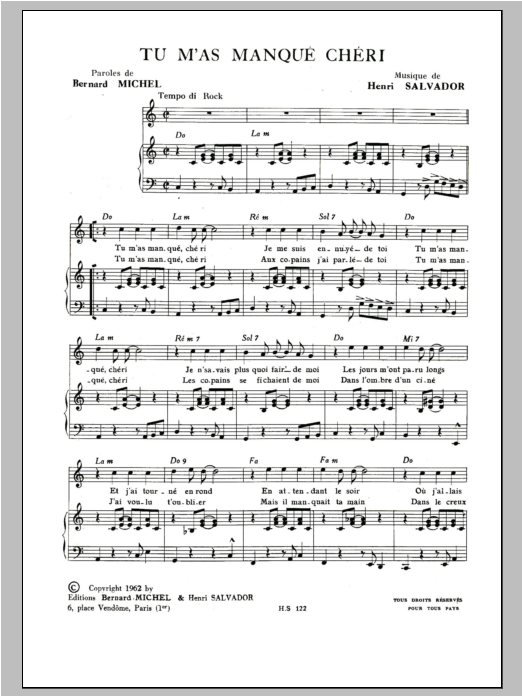 Henri Salvador Tu M'as Manque Cherie sheet music notes and chords arranged for Piano & Vocal