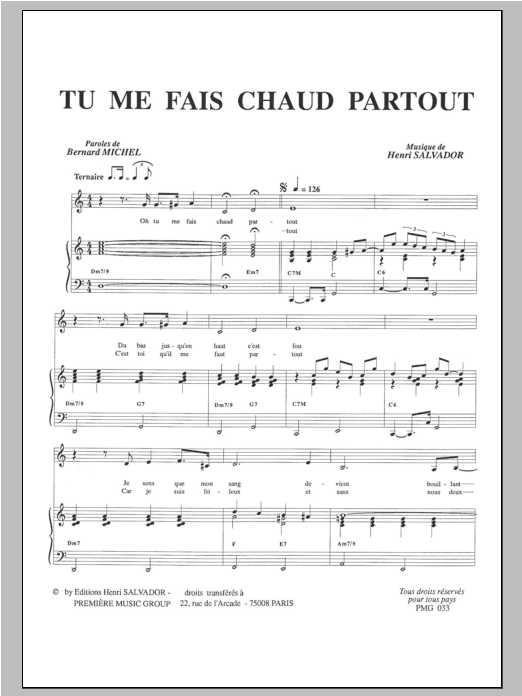 Henri Salvador Tu Me Fais Chaud Partout sheet music notes and chords arranged for Piano & Vocal