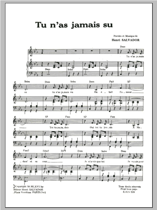 Henri Salvador Tu N'as Jamais Su sheet music notes and chords arranged for Piano & Vocal