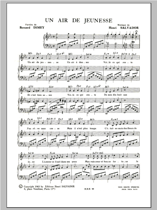 Henri Salvador Un Air De Jeunesse sheet music notes and chords arranged for Piano & Vocal