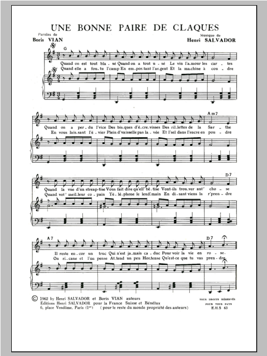 Henri Salvador Une Bonne Paire De Claques sheet music notes and chords arranged for Piano & Vocal