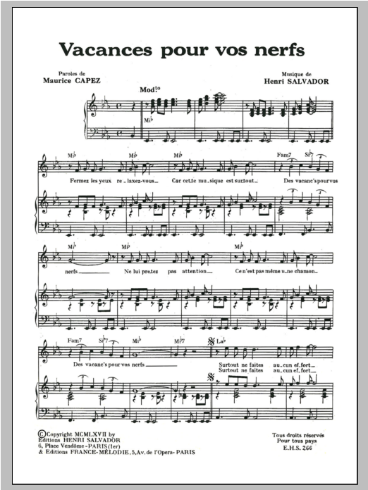 Henri Salvador Vacances Pour Vos Nerfs sheet music notes and chords arranged for Piano & Vocal
