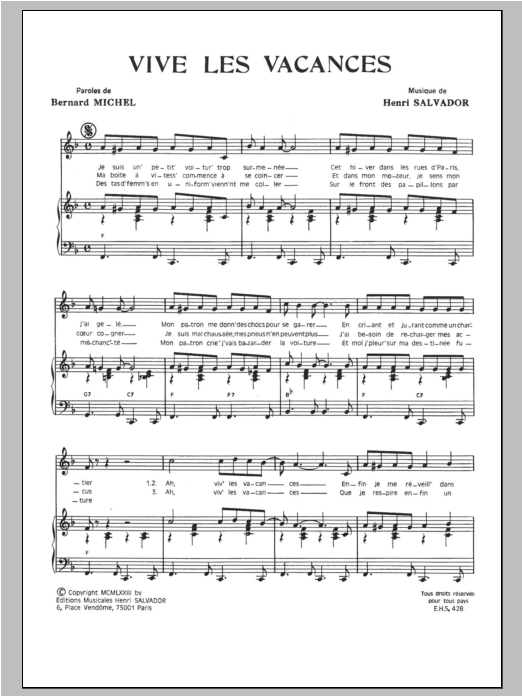 Henri Salvador Vive Les Vacances sheet music notes and chords arranged for Piano & Vocal