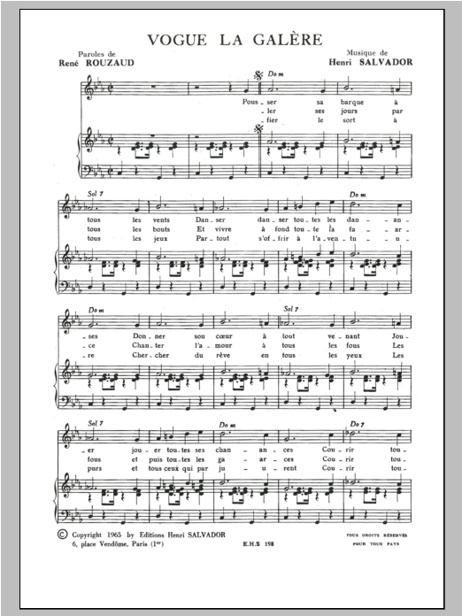 Henri Salvador Vogue La Galere sheet music notes and chords arranged for Piano & Vocal