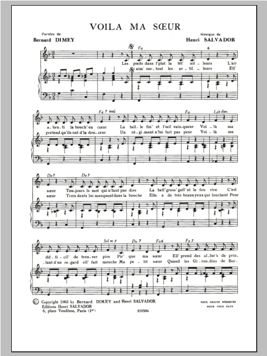 Henri Salvador Voila Ma Soeur sheet music notes and chords arranged for Piano & Vocal
