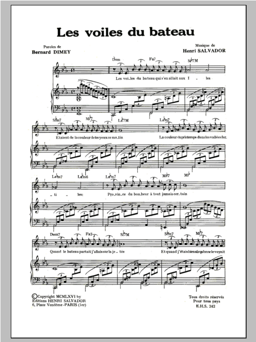 Henri Salvador Voiles Du Bateau sheet music notes and chords arranged for Piano & Vocal