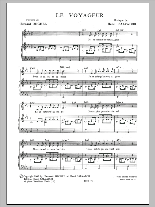 Henri Salvador Voyageur sheet music notes and chords arranged for Piano & Vocal