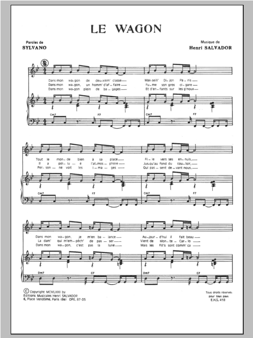 Henri Salvador Wagon sheet music notes and chords arranged for Piano & Vocal