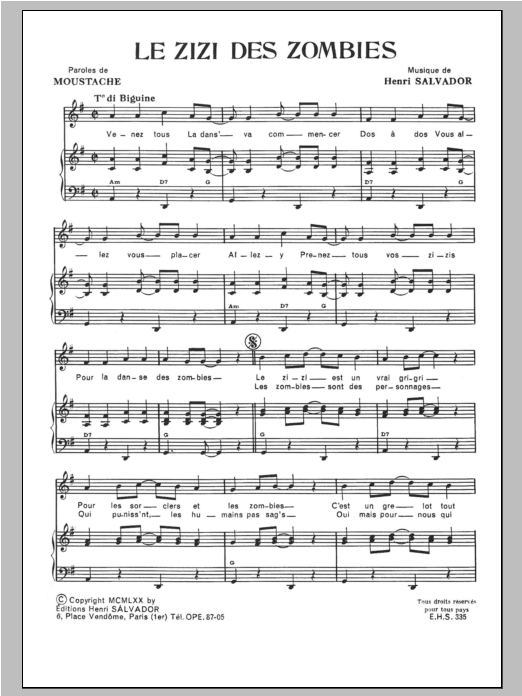 Henri Salvador Zizi Des Zombies sheet music notes and chords arranged for Piano & Vocal