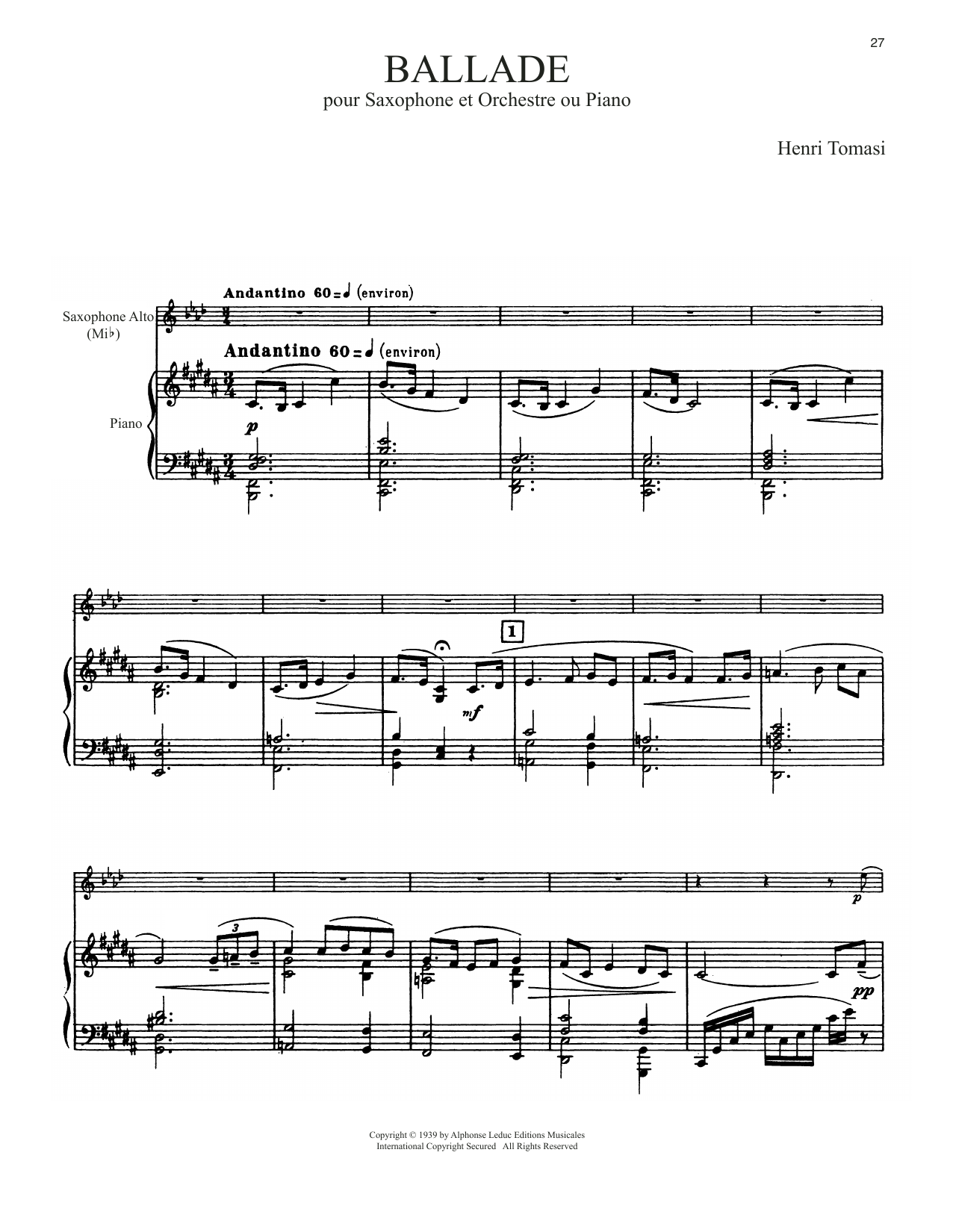 Henri Tomasi Ballade sheet music notes and chords arranged for Alto Sax and Piano