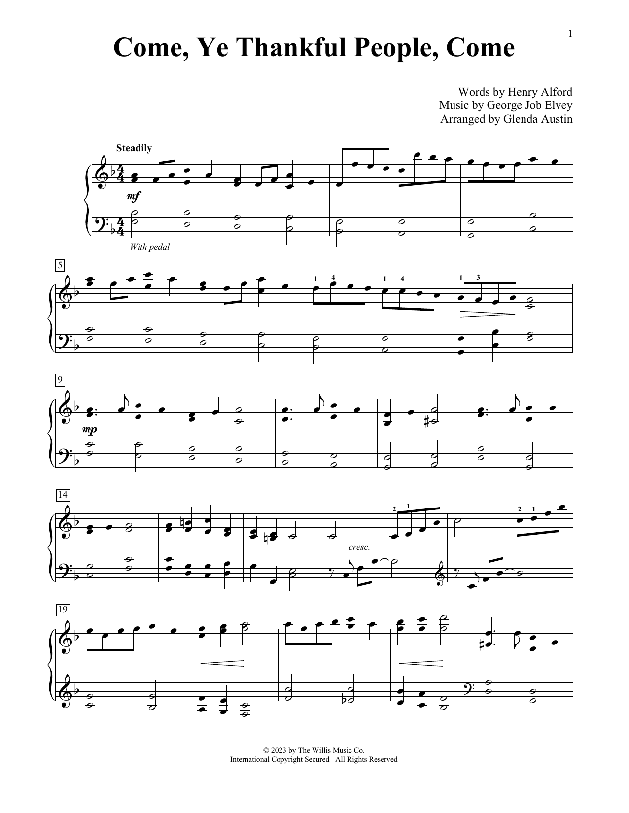 Henry Alford and George Job Elvey Come, Ye Thankful People, Come (arr. Glenda Austin) sheet music notes and chords arranged for Educational Piano