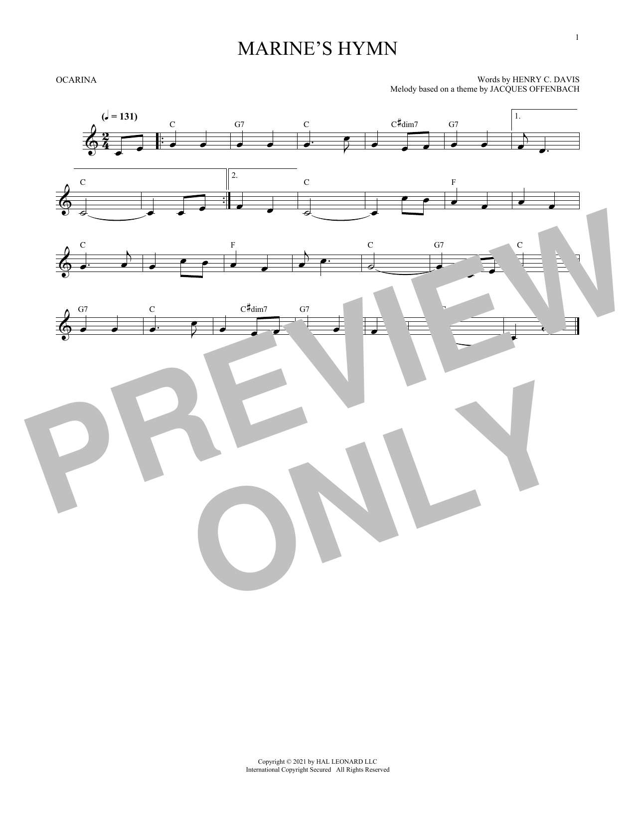 Henry C. Davis Marine's Hymn (arr. Cris Gale) sheet music notes and chords arranged for Ocarina