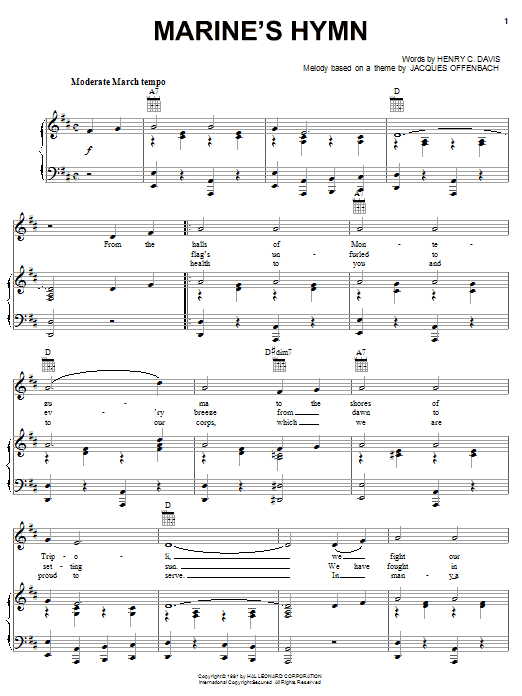 Henry C. Davis Marine's Hymn sheet music notes and chords arranged for Piano, Vocal & Guitar Chords (Right-Hand Melody)