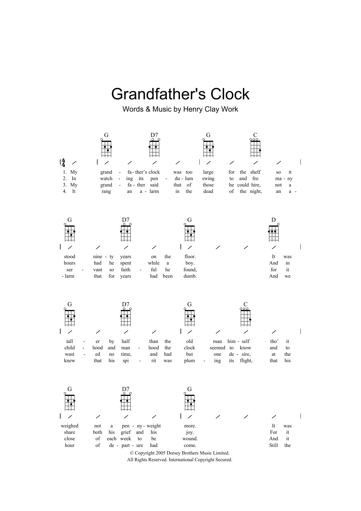 Henry Clay Work Grandfather's Clock sheet music notes and chords arranged for Ukulele Chords/Lyrics
