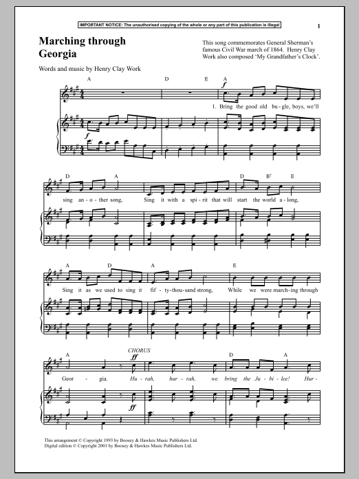 Henry Clay Work Marching Through Georgia sheet music notes and chords arranged for Piano & Vocal