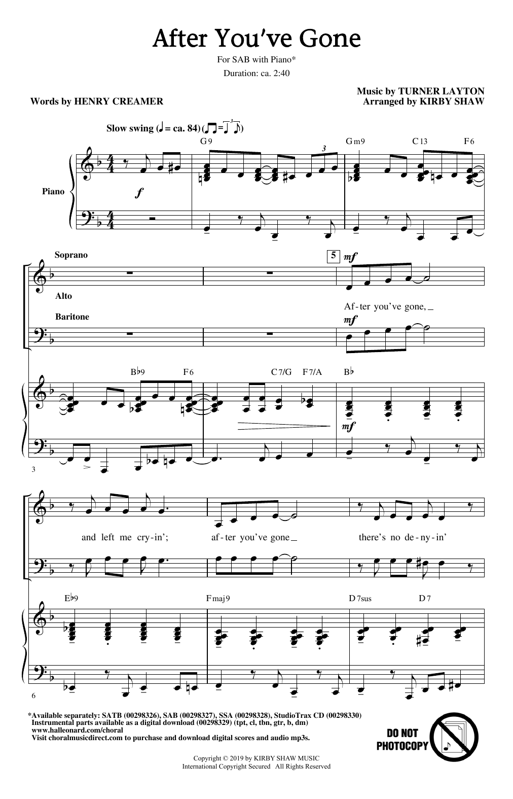 Henry Creamer and Turner Layton After You've Gone (from One Mo' Time) (arr. Kirby Shaw) sheet music notes and chords arranged for SAB Choir