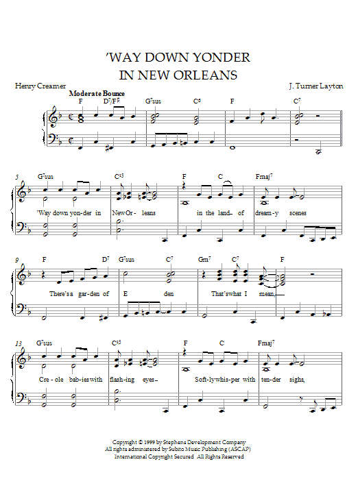 Henry Creamer and Turner Layton 'Way Down Yonder In New Orleans sheet music notes and chords arranged for Piano Solo
