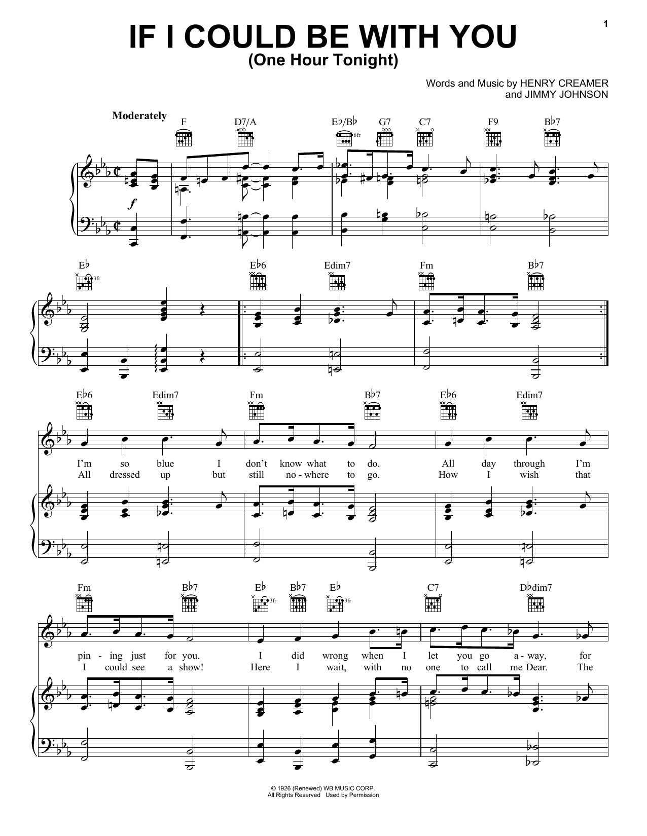 Henry Creamer If I Could Be With You (One Hour Tonight) sheet music notes and chords arranged for Piano, Vocal & Guitar Chords (Right-Hand Melody)