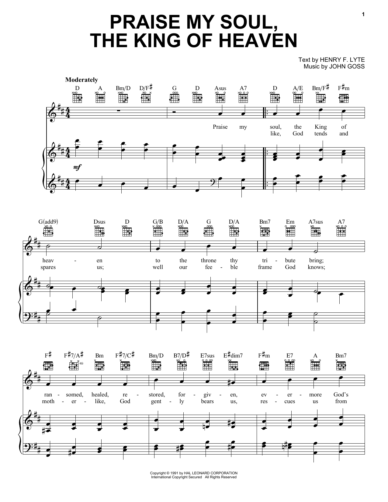 Henry F. Lyte Praise, My Soul, The King Of Heaven sheet music notes and chords arranged for Piano, Vocal & Guitar Chords (Right-Hand Melody)