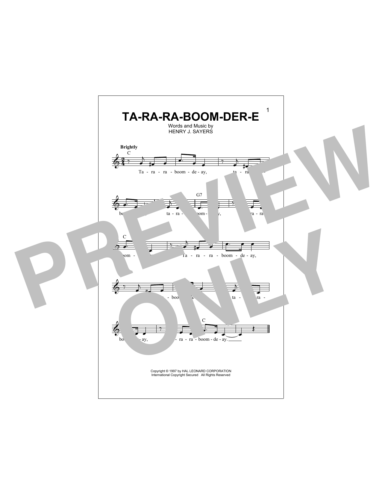 Henry J. Sayers Ta-Ra-Ra-Boom-Der-E sheet music notes and chords arranged for Piano, Vocal & Guitar Chords (Right-Hand Melody)