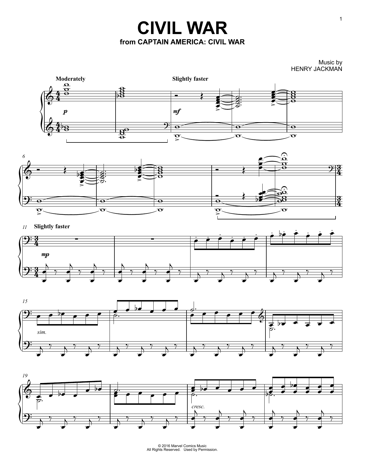 Henry Jackman Civil War (from Captain America: Civil War) sheet music notes and chords arranged for Piano Solo