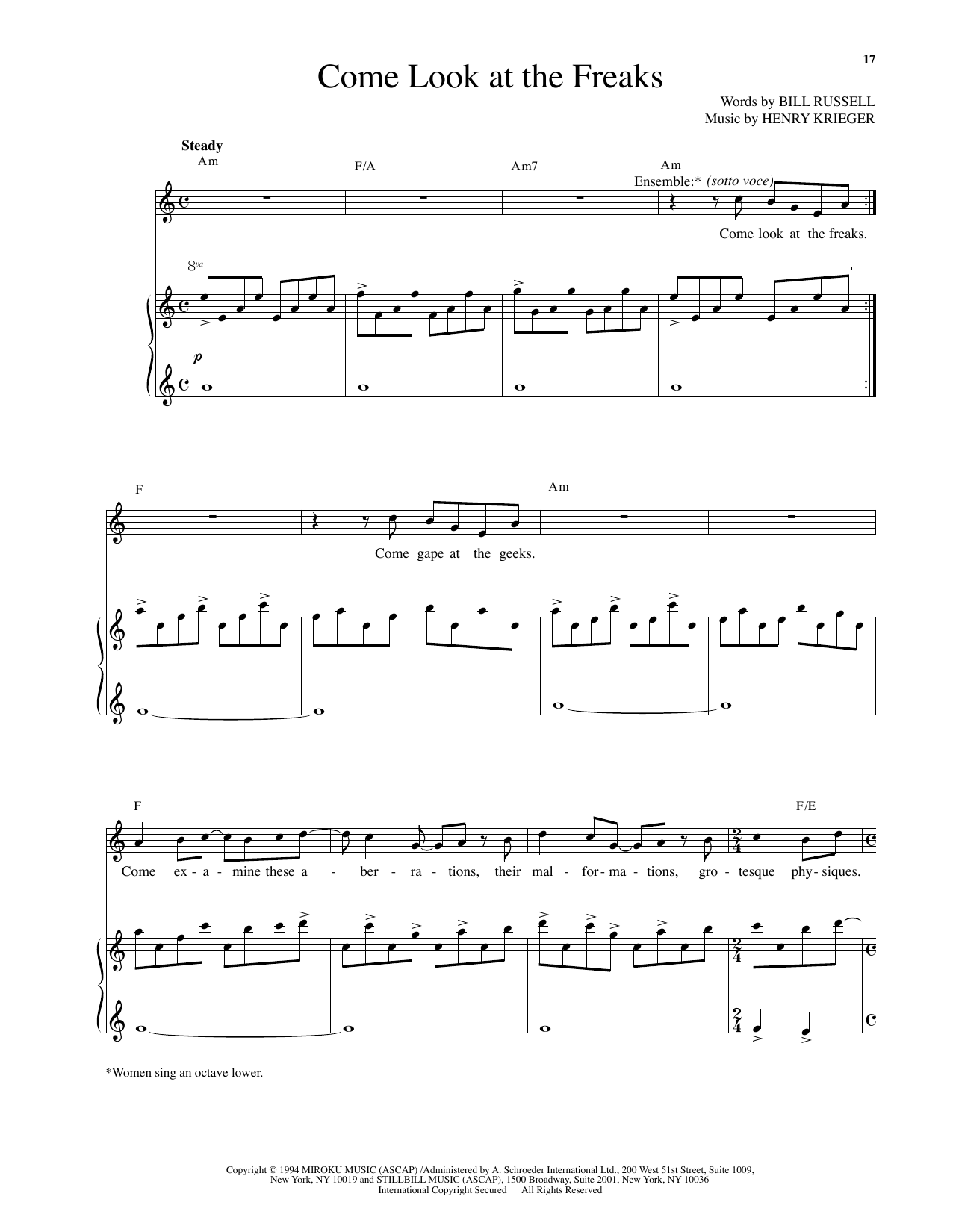 Henry Krieger Come Look At The Freaks (from Side Show) sheet music notes and chords arranged for Piano & Vocal