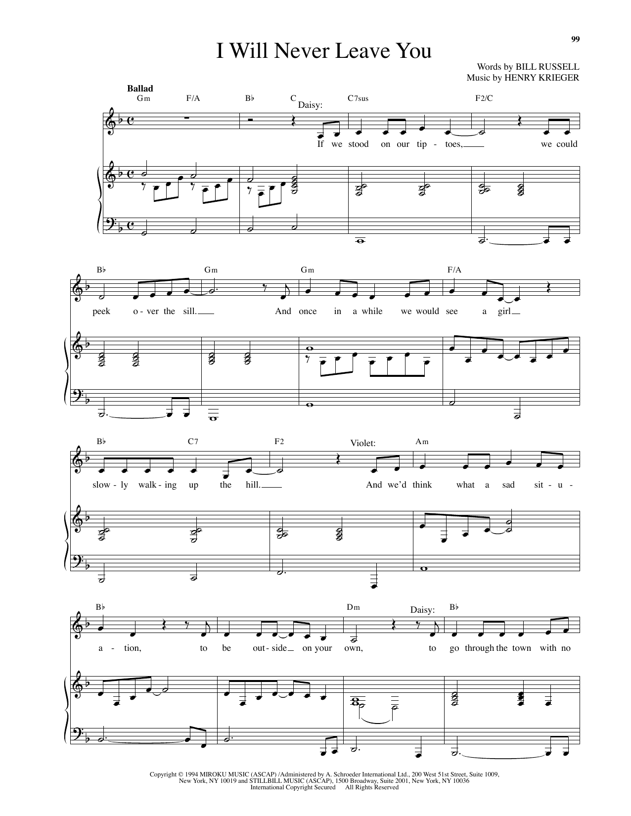 Henry Krieger I Will Never Leave You (from Side Show) sheet music notes and chords arranged for Piano & Vocal