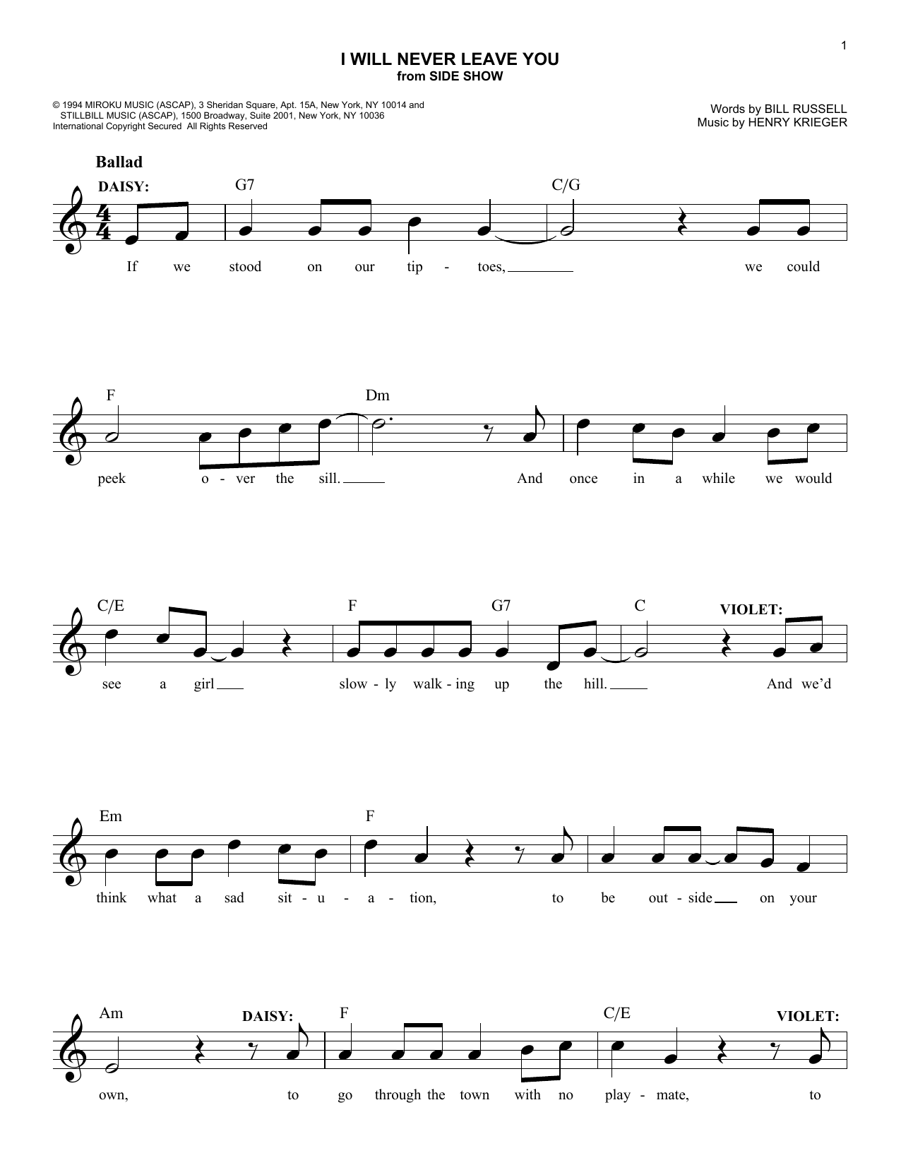 Henry Krieger I Will Never Leave You sheet music notes and chords arranged for Easy Lead Sheet / Fake Book