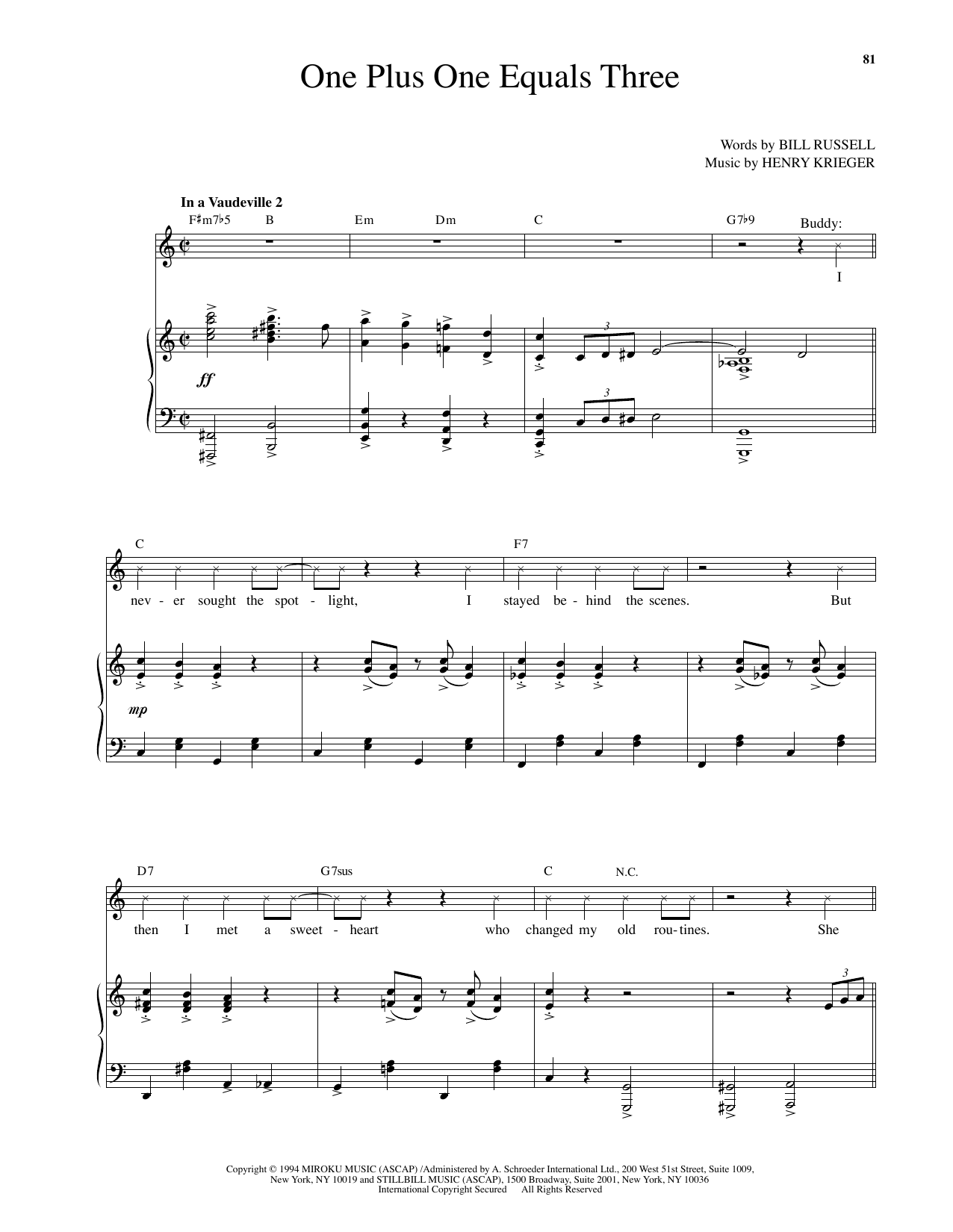 Henry Krieger One Plus One Equals Three (from Side Show) sheet music notes and chords arranged for Piano & Vocal