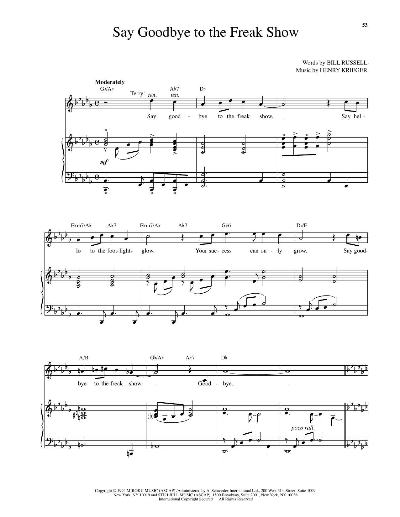 Henry Krieger Say Goodbye To The Freak Show (from Side Show) sheet music notes and chords arranged for Piano & Vocal