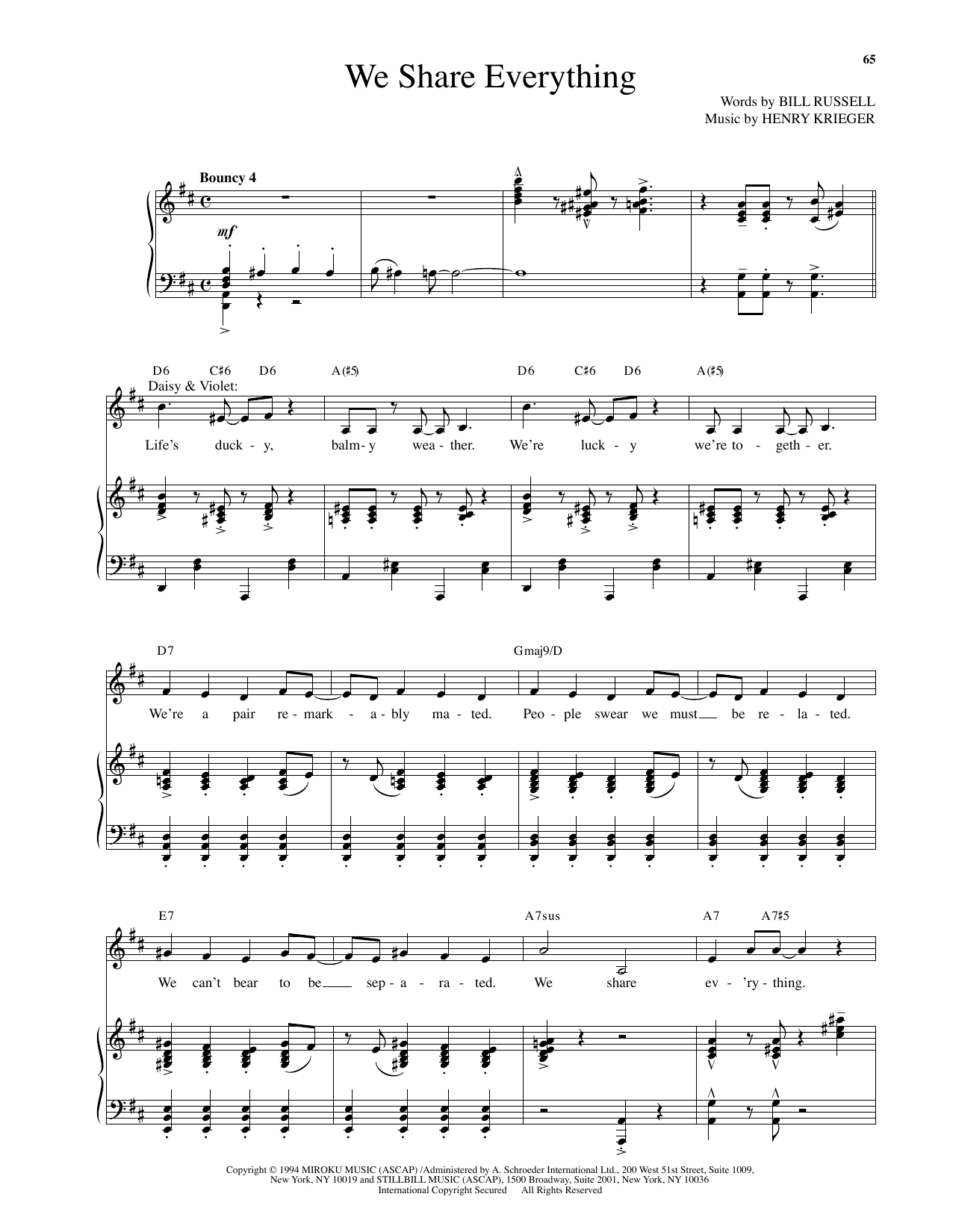 Henry Krieger We Share Everything (from Side Show) sheet music notes and chords arranged for Piano & Vocal