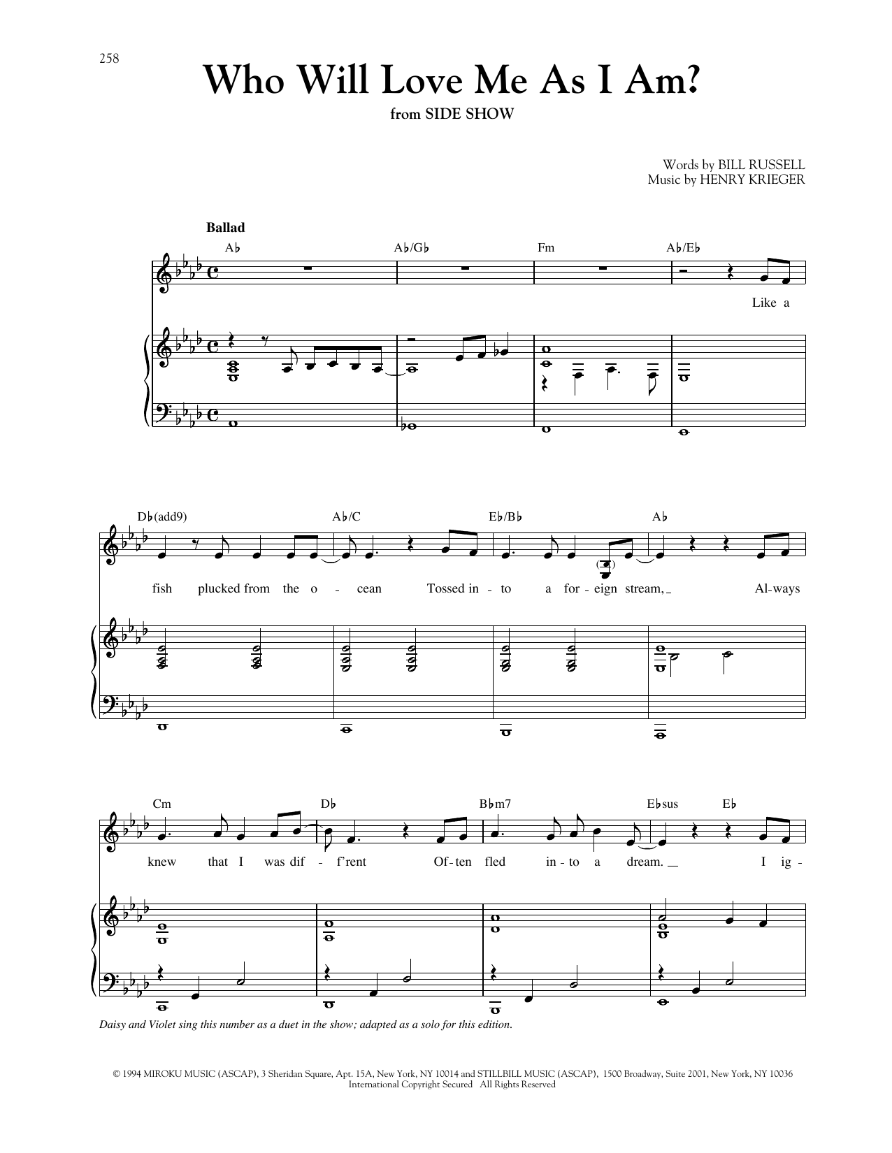 Henry Krieger Who Will Love Me As I Am? (from Side Show) sheet music notes and chords arranged for Piano & Vocal