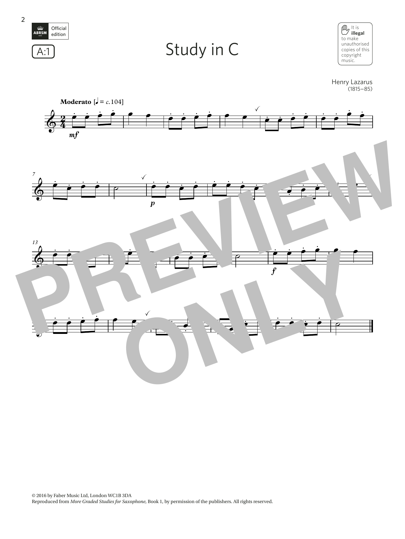 Henry Lazarus Study in C (Grade 1 List A1 from the ABRSM Saxophone syllabus from 2022) sheet music notes and chords arranged for Alto Sax Solo