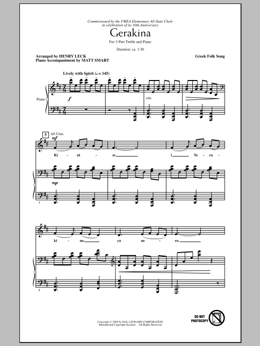 Henry Leck Gerakina sheet music notes and chords arranged for 3-Part Treble Choir