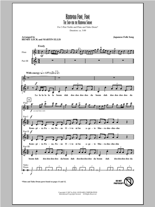Henry Leck Kompira Fune, Fune (The Ship For The Kompira Shrine) sheet music notes and chords arranged for 3-Part Treble Choir