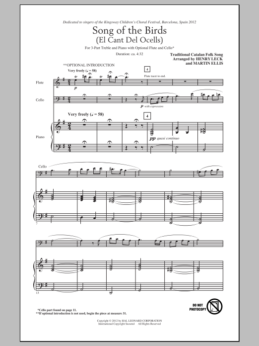 Henry Leck Song Of The Birds (El Cant Del Ocells) sheet music notes and chords arranged for 3-Part Treble Choir