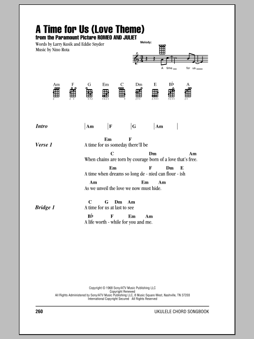 Henry Mancini A Time For Us (Love Theme) sheet music notes and chords arranged for Ukulele Chords/Lyrics