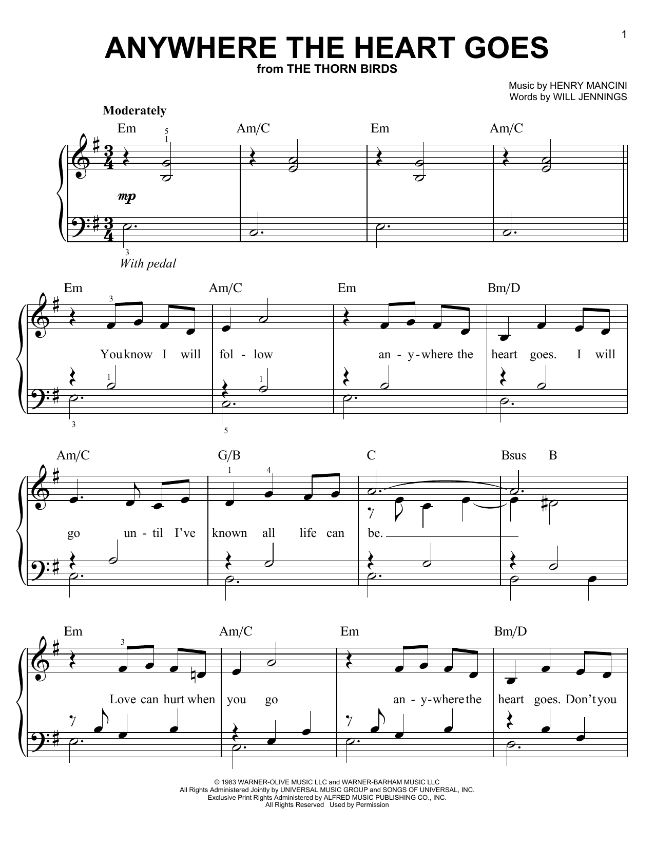 Henry Mancini Anywhere The Heart Goes (from The Thorn Birds) sheet music notes and chords arranged for Easy Piano