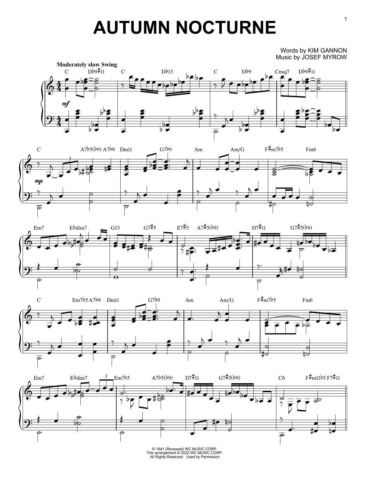 Henry Mancini Autumn Nocturne [Jazz version] (arr. Brent Edstrom) sheet music notes and chords arranged for Piano Solo