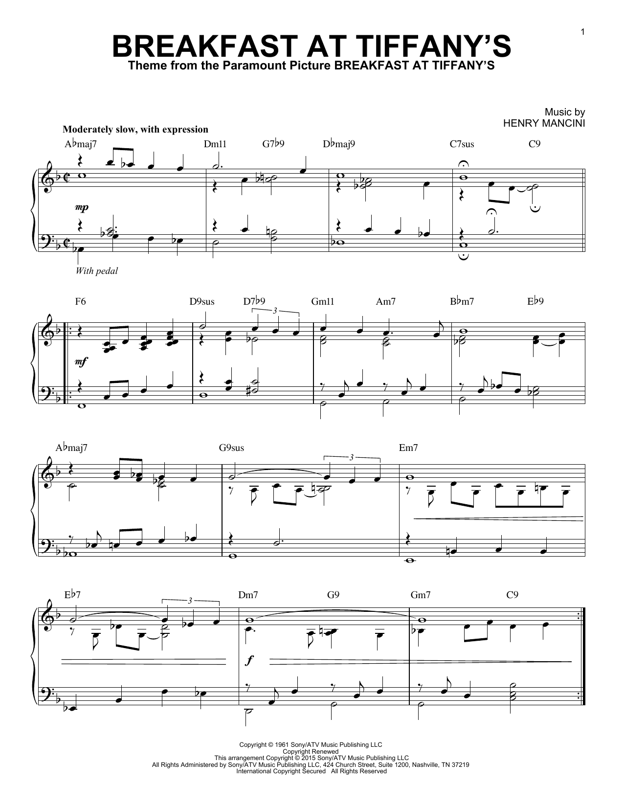 Henry Mancini Breakfast At Tiffany's [Jazz version] (arr. Brent Edstrom) sheet music notes and chords arranged for Piano Solo