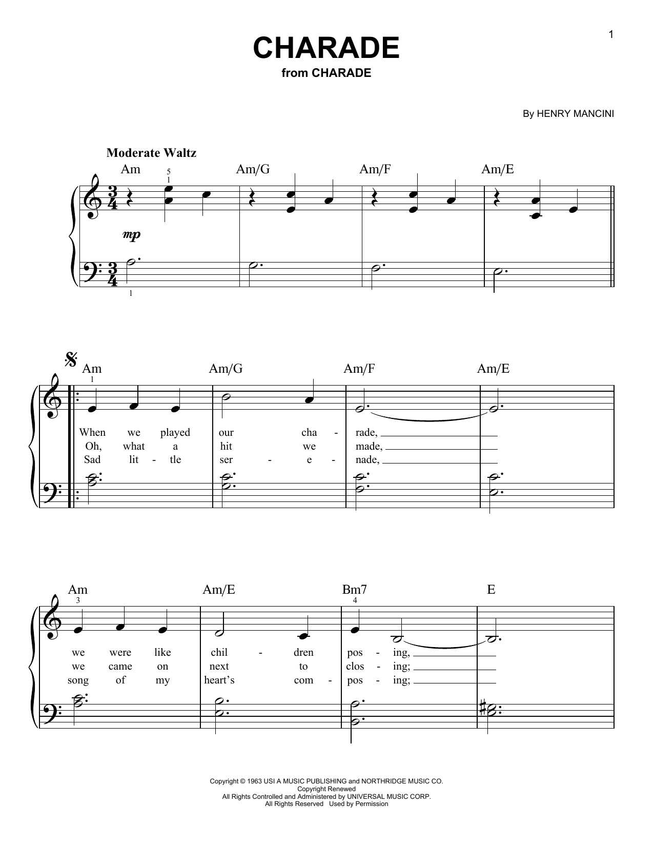 Henry Mancini Charade (from Charade) sheet music notes and chords arranged for Very Easy Piano