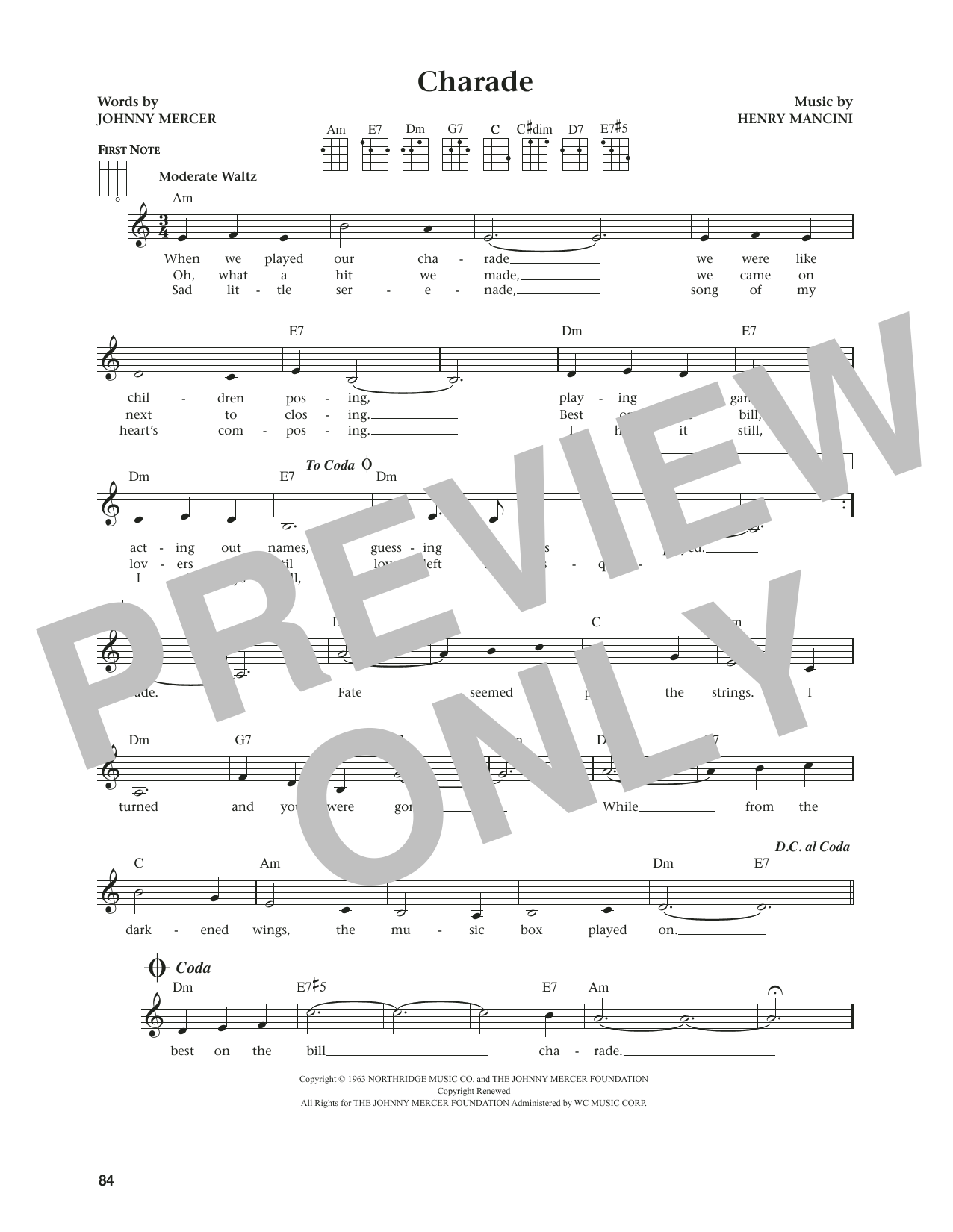 Henry Mancini Charade (from The Daily Ukulele) (arr. Jim Beloff) sheet music notes and chords arranged for Ukulele