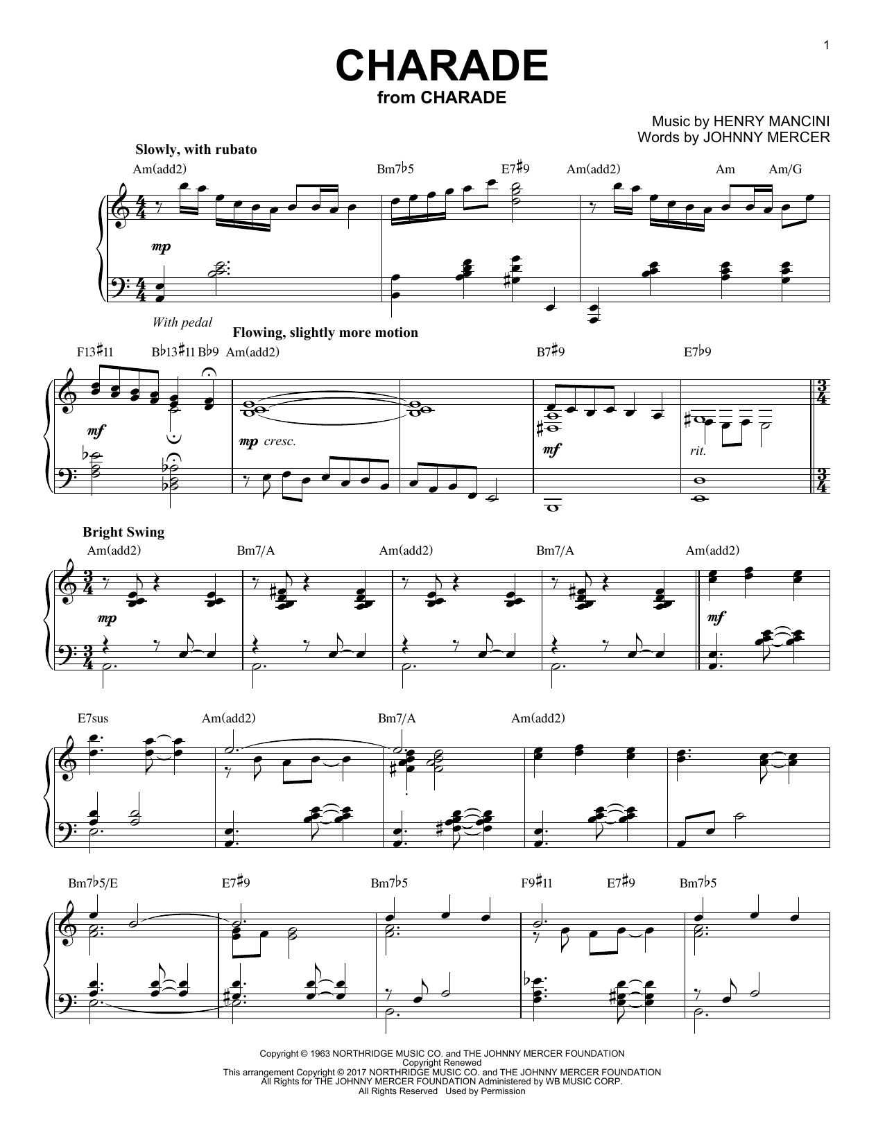 Henry Mancini Charade [Jazz version] sheet music notes and chords arranged for Piano Solo