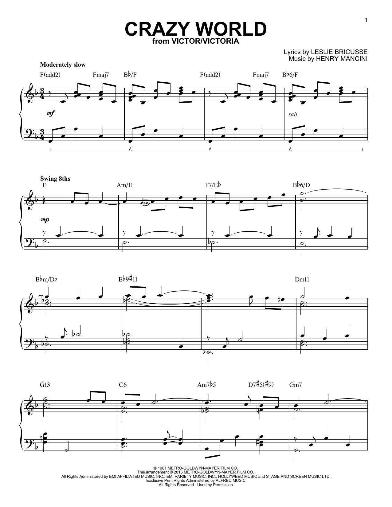 Henry Mancini Crazy World [Jazz version] (arr. Brent Edstrom) sheet music notes and chords arranged for Piano Solo