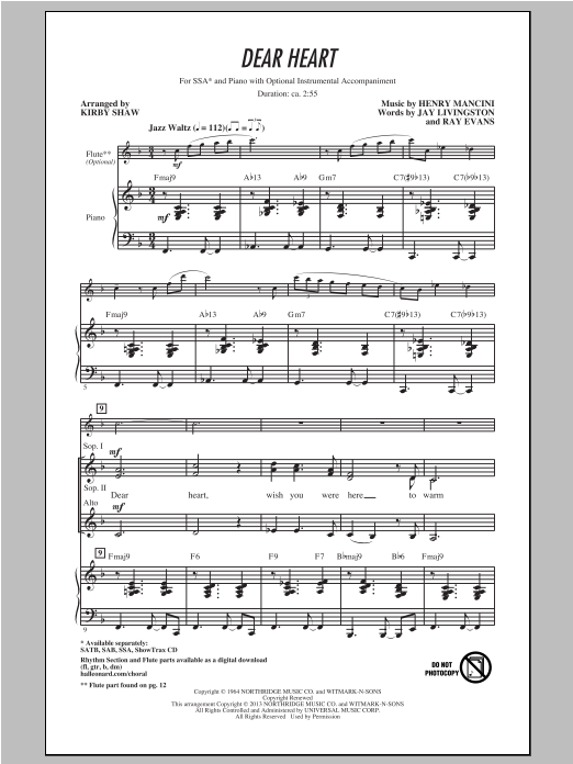Henry Mancini Dear Heart (arr. Kirby Shaw) sheet music notes and chords arranged for SSA Choir