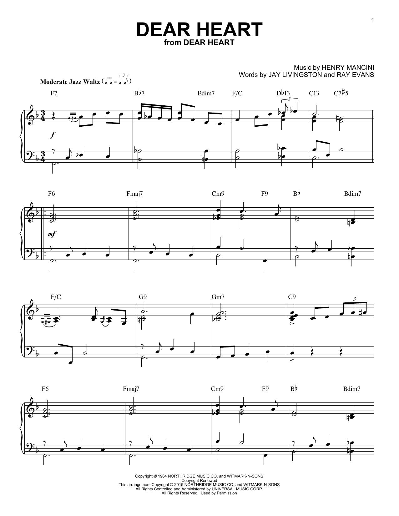 Henry Mancini Dear Heart [Jazz version] (arr. Brent Edstrom) sheet music notes and chords arranged for Piano Solo