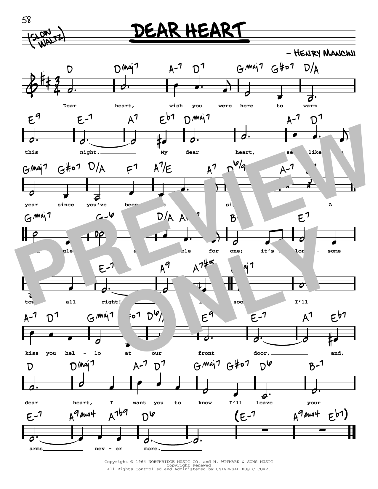 Henry Mancini Dear Heart (Low Voice) sheet music notes and chords arranged for Real Book – Melody, Lyrics & Chords