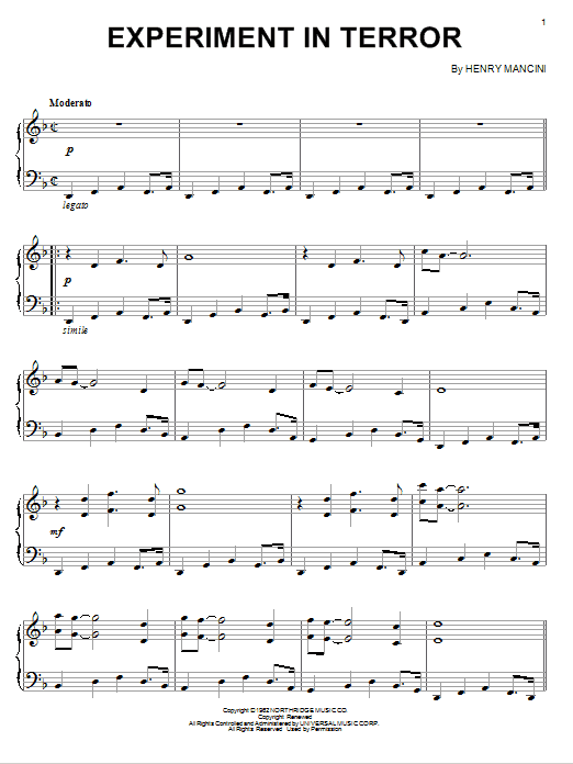 Henry Mancini Experiment In Terror sheet music notes and chords arranged for Piano Solo