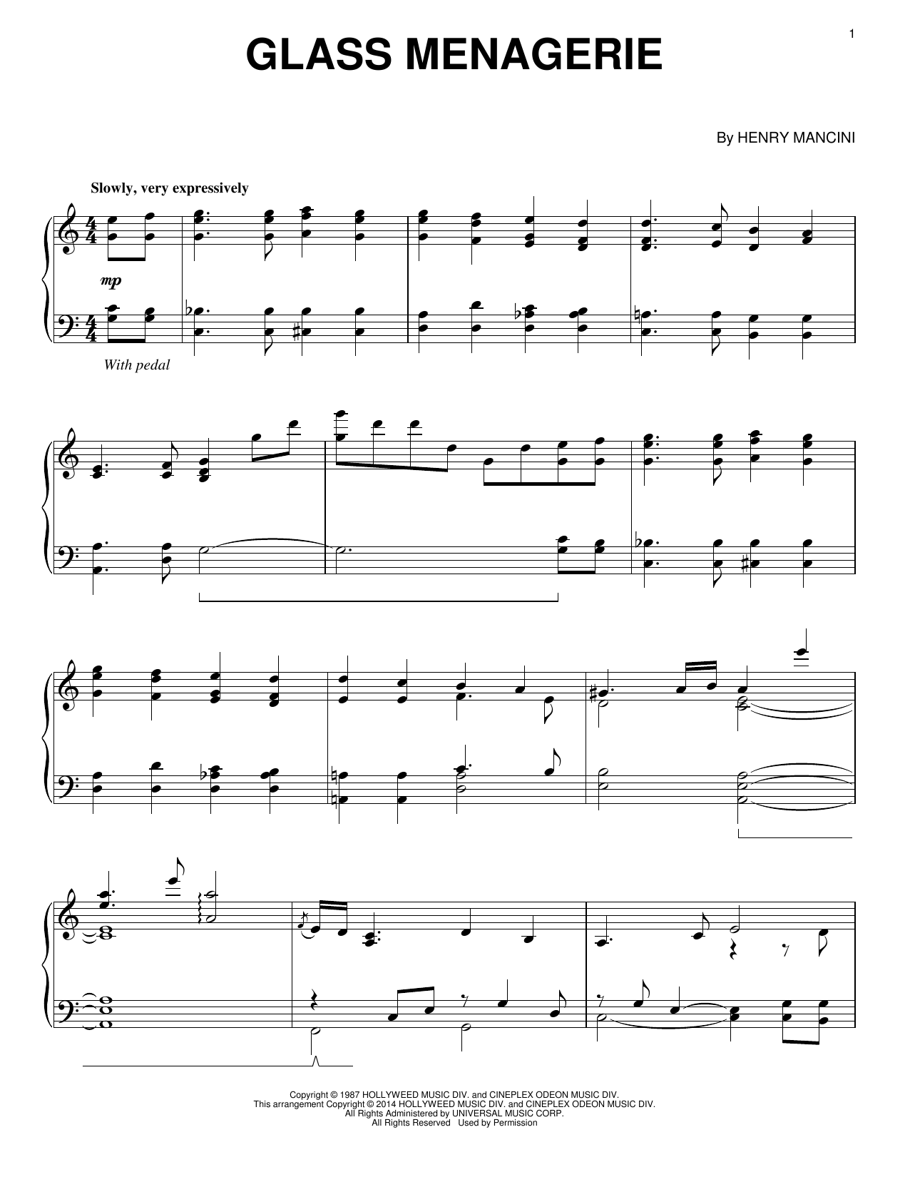 Henry Mancini Glass Menagerie sheet music notes and chords arranged for Piano Solo